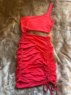 One-Shoulder Cutout Ruched Red Dress
